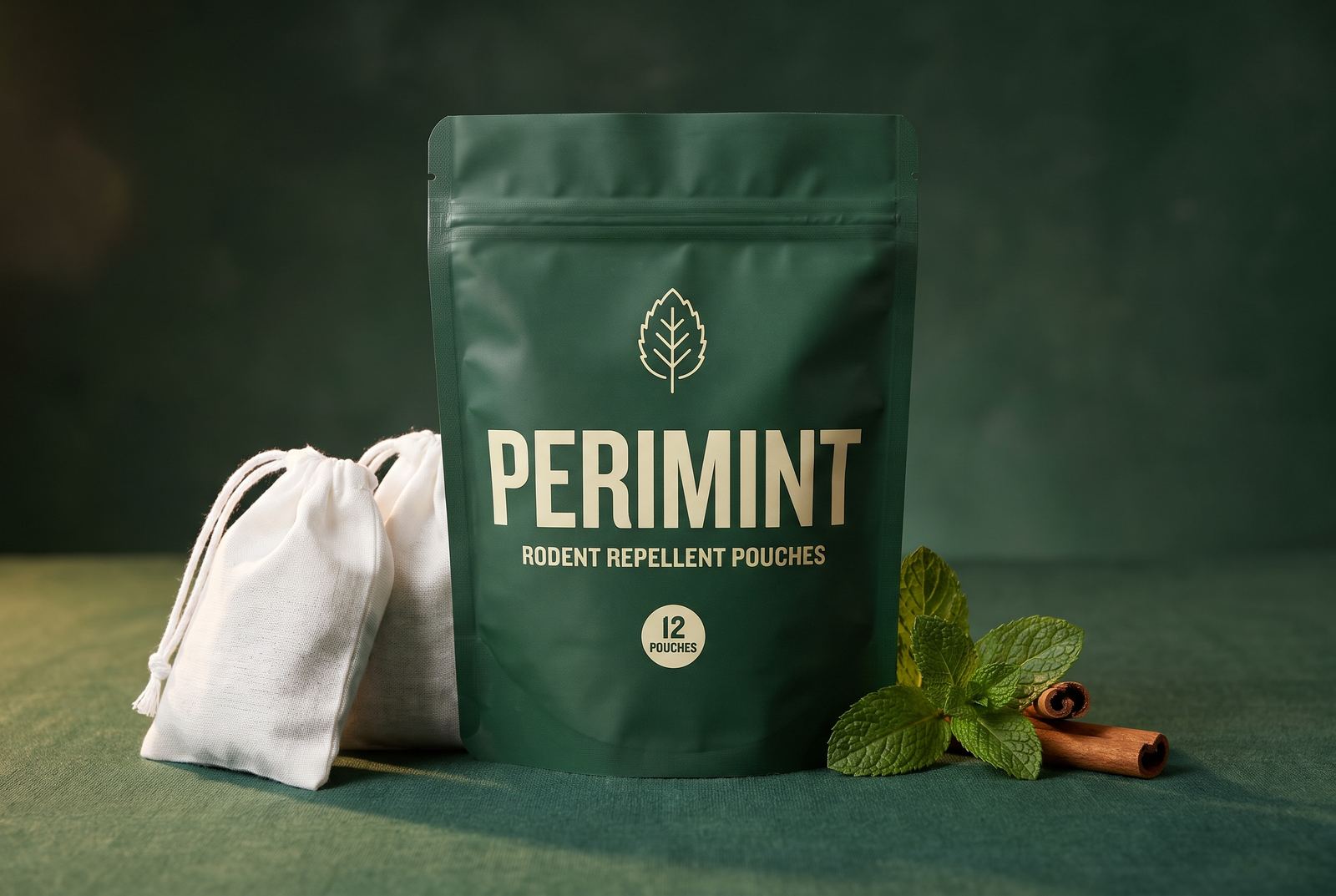 Perimint bag with two pouches, mint leaves and cinnamon