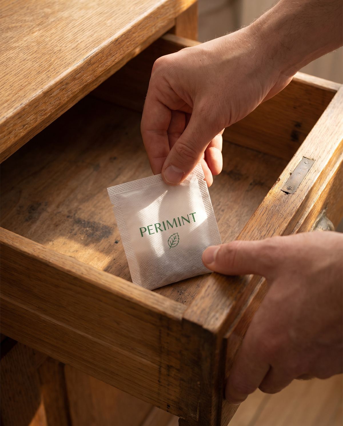 A pouch being placed in a drawer